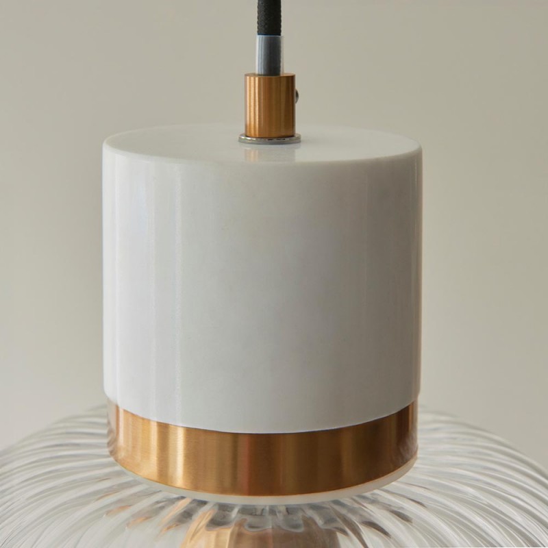 - Travi Ribbed - White Volakas Marble Pendant with Clear Ribbed Glass Endon-120667 - Travi Ribbed - White Volakas Marble Pendant with Clear Ribbed Glass