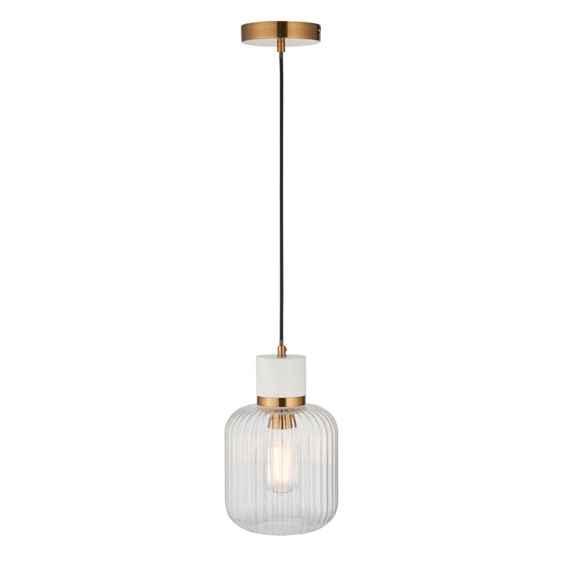 - Travi Ribbed - White Volakas Marble Pendant with Clear Ribbed Glass Endon-120667 - Travi Ribbed - White Volakas Marble Pendant with Clear Ribbed Glass