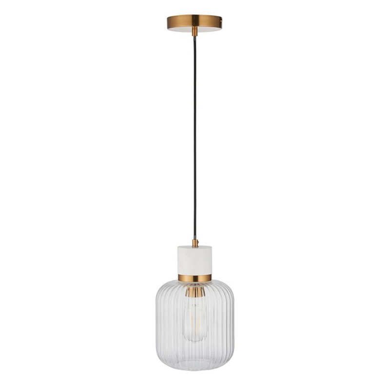 - Travi Ribbed - White Volakas Marble Pendant with Clear Ribbed Glass Endon-120667 - Travi Ribbed - White Volakas Marble Pendant with Clear Ribbed Glass