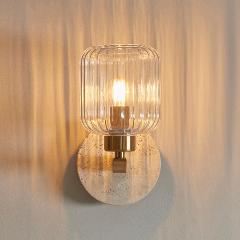 - Travi Ribbed - Natural Travertine Stone Wall Lamp with Clear Ribbed Glass Endon-120668 - Travi Ribbed - Natural Travertine Stone Wall Lamp with Clear Ribbed Glass