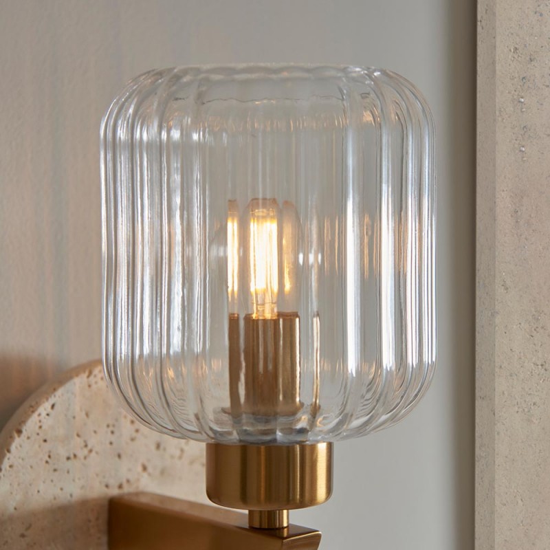 - Travi Ribbed - Natural Travertine Stone Wall Lamp with Clear Ribbed Glass Endon-120668 - Travi Ribbed - Natural Travertine Stone Wall Lamp with Clear Ribbed Glass