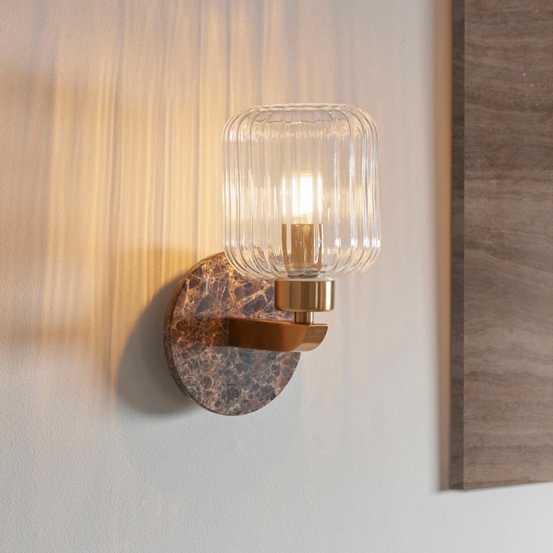 - Travi Ribbed - Dark Brown Emperador Marble Wall Lamp with Clear Ribbed Glass Endon-120669 - Travi Ribbed - Dark Brown Emperador Marble Wall Lamp with Clear Ribbed Glass