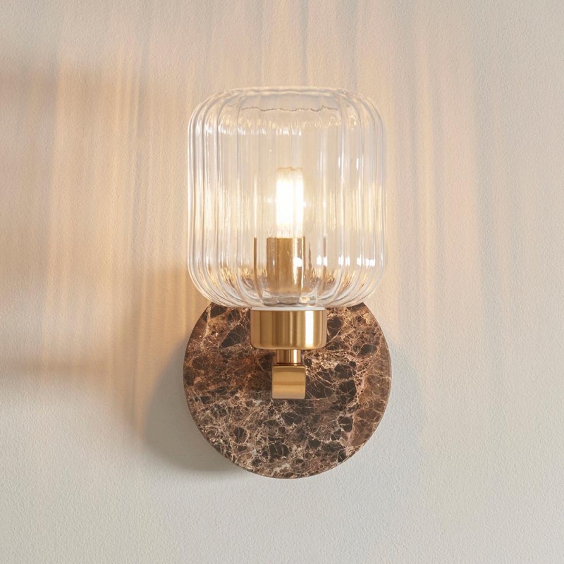 - Travi Ribbed - Dark Brown Emperador Marble Wall Lamp with Clear Ribbed Glass Endon-120669 - Travi Ribbed - Dark Brown Emperador Marble Wall Lamp with Clear Ribbed Glass
