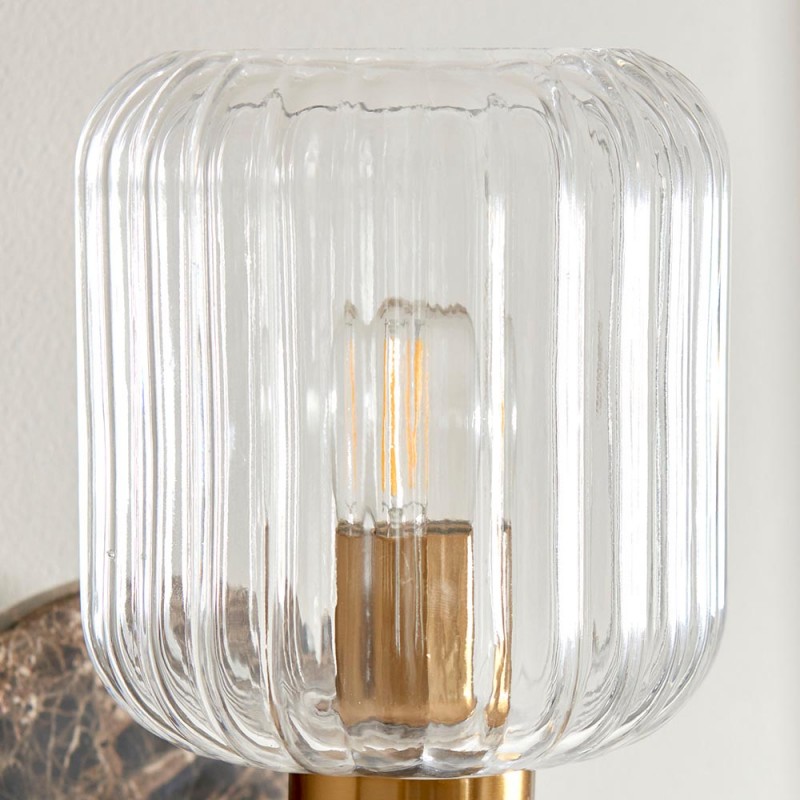 - Travi Ribbed - Dark Brown Emperador Marble Wall Lamp with Clear Ribbed Glass Endon-120669 - Travi Ribbed - Dark Brown Emperador Marble Wall Lamp with Clear Ribbed Glass