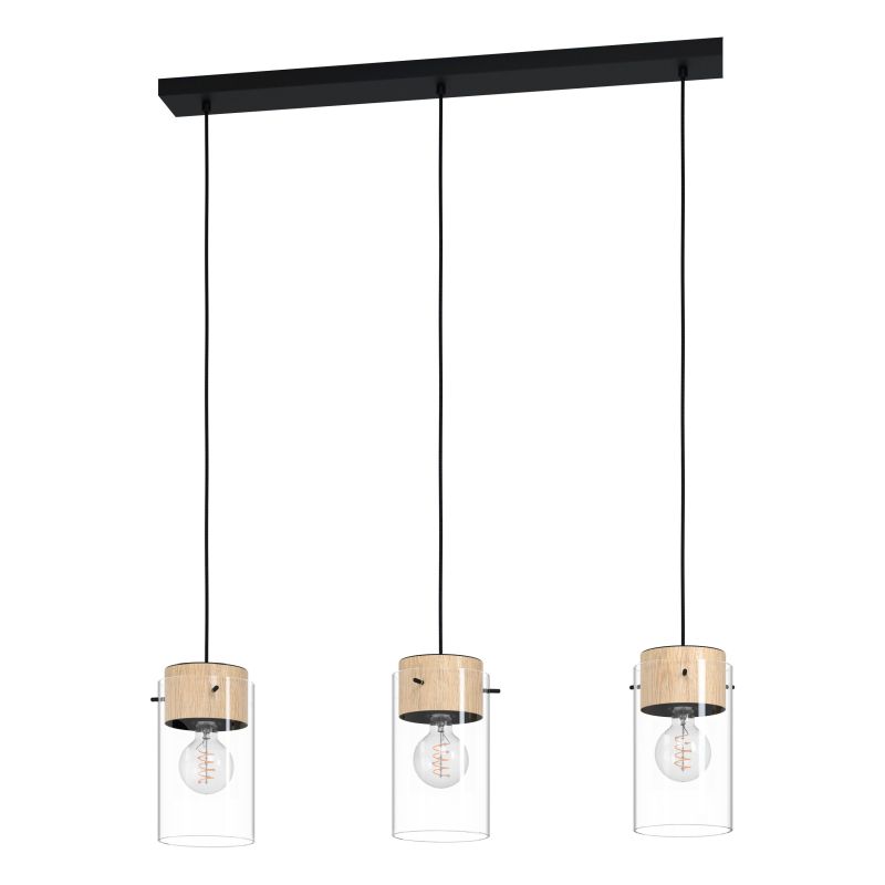 Eglo-43546 - Madreselva - Clear Glass & Wood with Black 3 Light over Island Fitting