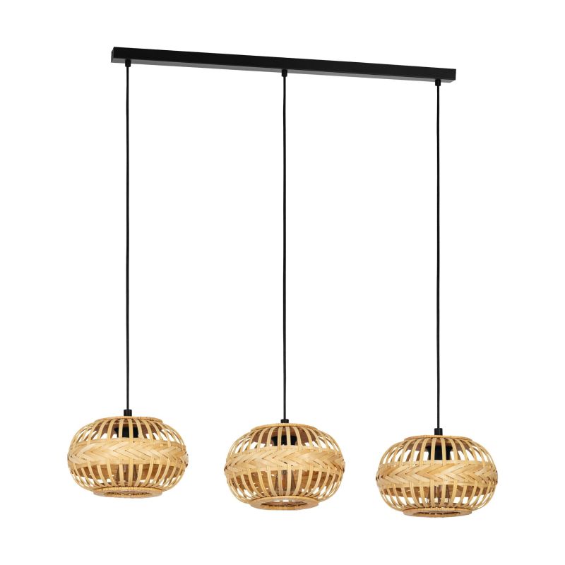 Eglo-43863 - Amsfield 1 - Black 3 Light over Island Fitting with Wooden Shades