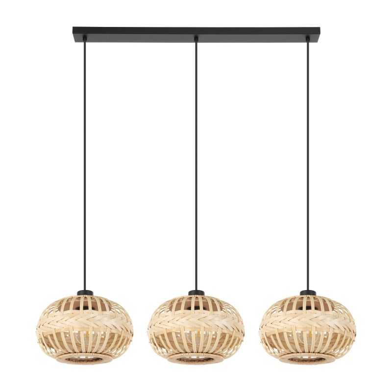 Eglo-43863 - Amsfield 1 - Black 3 Light over Island Fitting with Wooden Shades