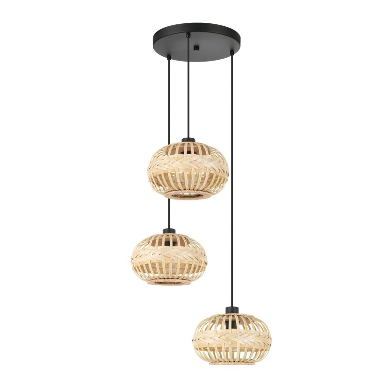 Eglo-43864 - Amsfield 1 - Black 3 Light Cluster Pendant with Wooden Shades