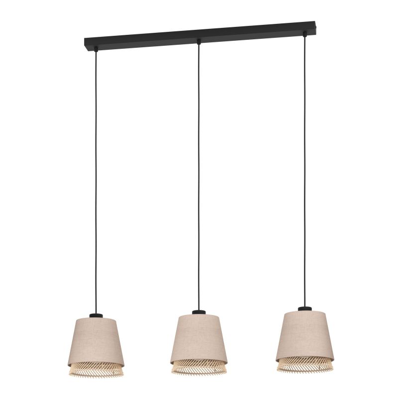 Eglo-43976 - Tabley - Black 3 Light over Island Fitting with Linen & Wooden Shades