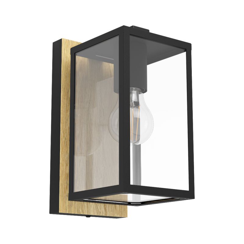 Eglo-900289 - Budrone - Black with Wood & Clear Glass Lantern Wall Lamp
