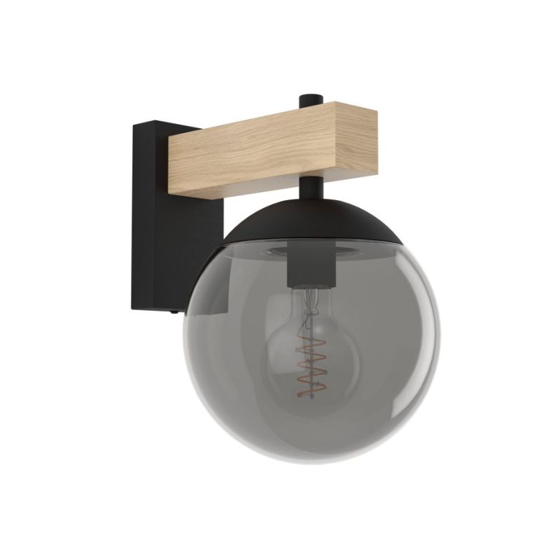 Eglo-900671 - Bufalata - Black & Wood Wall Lamp with Smoky Globe