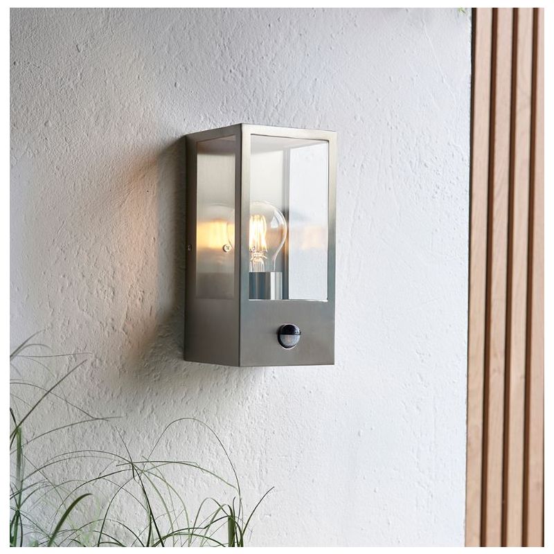 Endon-96088 - Oxford - Brushed Stainless Steel & Clear Glass Lantern PIR Wall Lamp