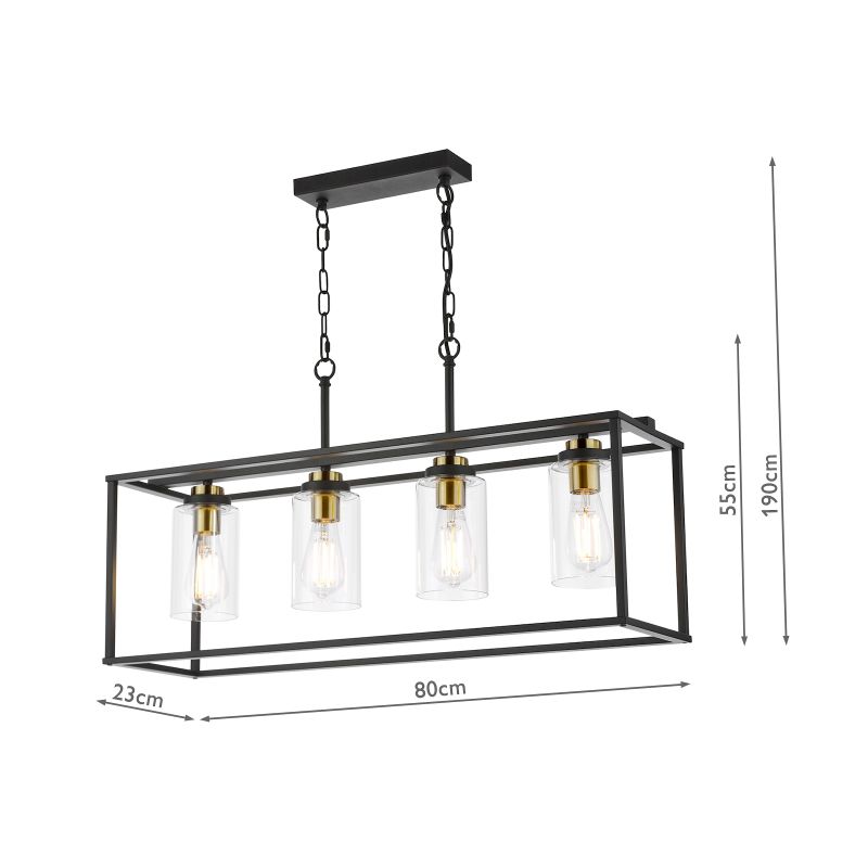 Dar-ABE8454 - Abel - Black & Antique Brass 4 Light over Island Fitting with Clear Glass