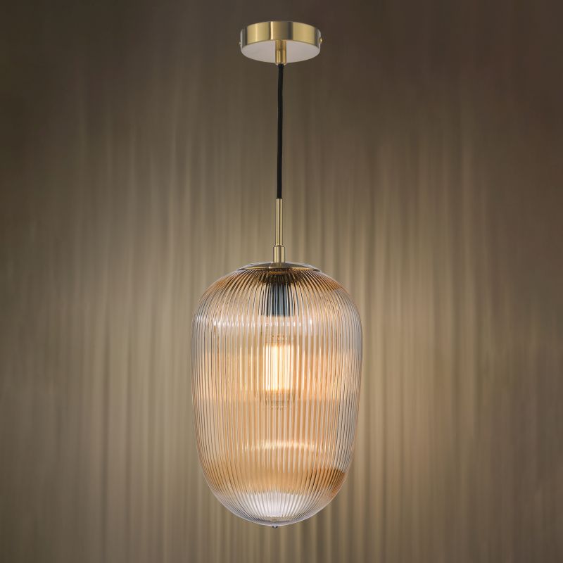 Dar-ABR0106 - Abrielle - Brushed Bronze Pendant with Amber Ribbed Glass