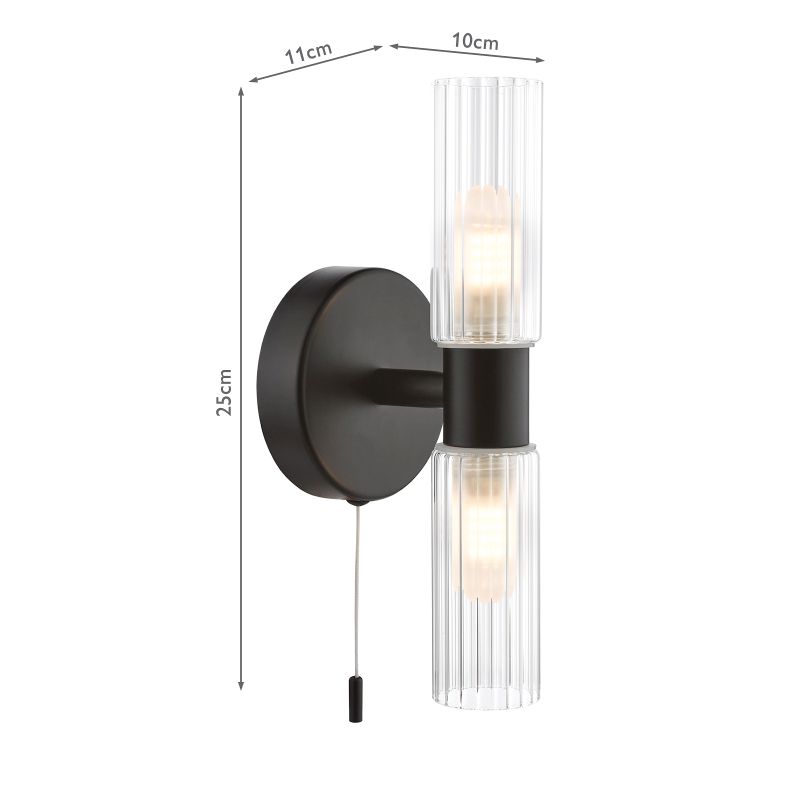 Dar-BOL0922 - Bolton - Black 2 Light Wall Lamp with Frosted & Ribbed Glass IP44