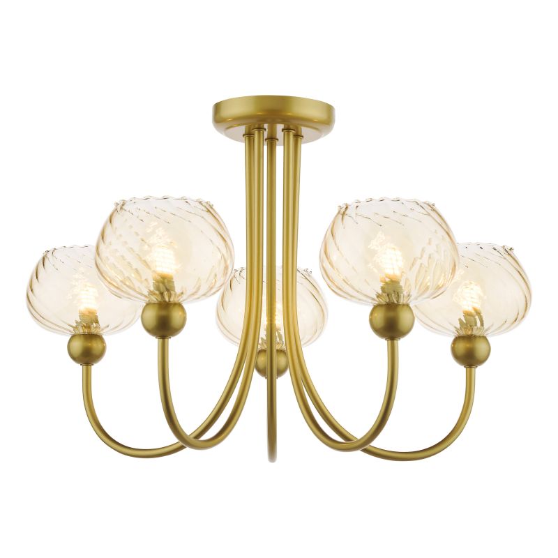Dar_Vol3-COG0535 - Cognac - Satin Gold 5 Light Semi Flush with Champagne Ribbed Glass