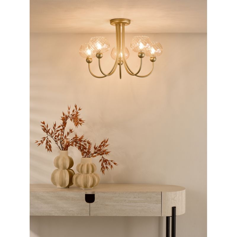 Dar_Vol3-COG0535 - Cognac - Satin Gold 5 Light Semi Flush with Champagne Ribbed Glass