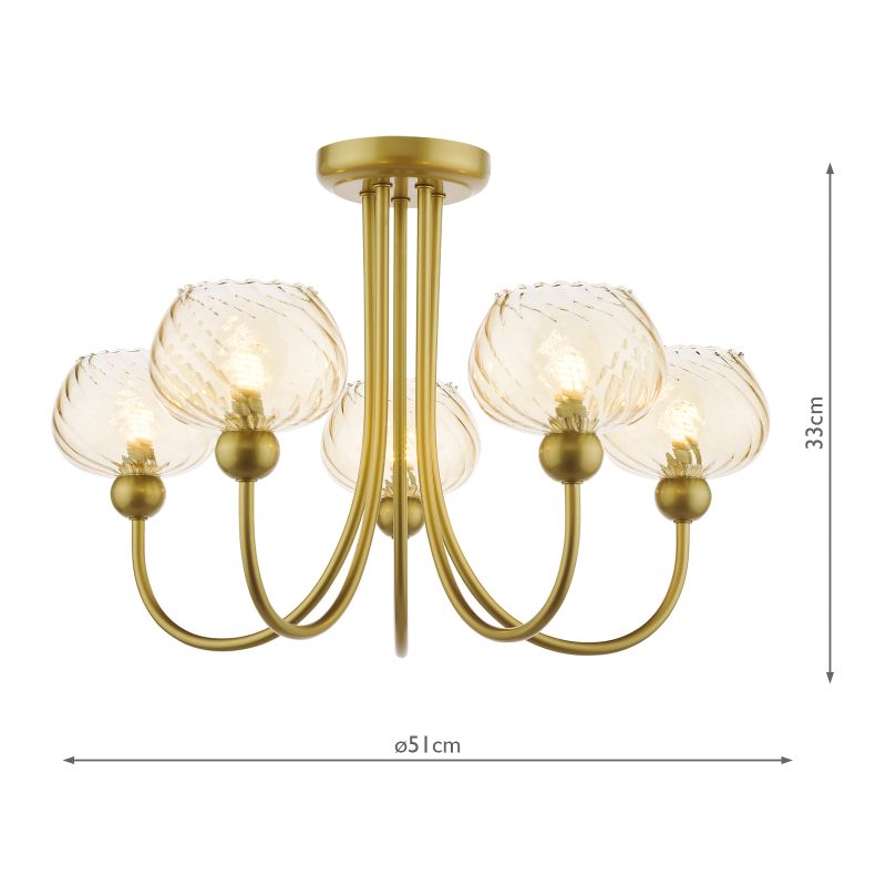 Dar_Vol3-COG0535 - Cognac - Satin Gold 5 Light Semi Flush with Champagne Ribbed Glass