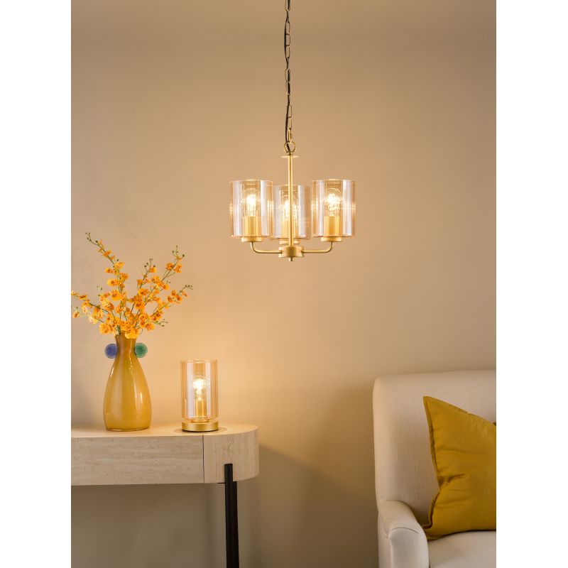 Dar_Vol3-DAY0335 - Daylin - Satin Gold 3 Light Centre Fitting with Ribbed Amber Glass