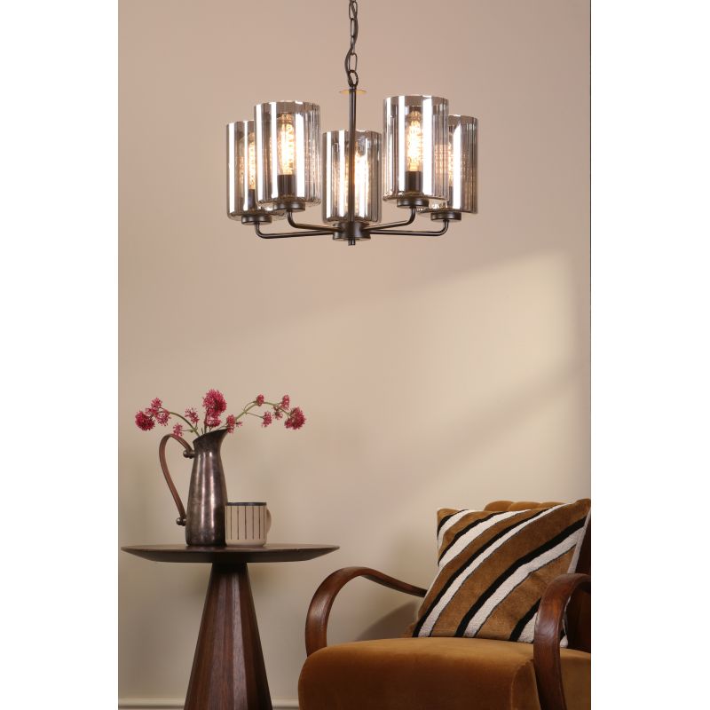 Dar_Vol3-DAY0522 - Daylin - Satin Black 5 Light Centre Fitting with Ribbed Smoked Glass