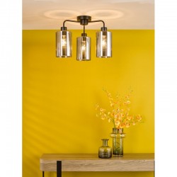 Daylin - Satin Black 3 Light Semi Flush with Ribbed Smoked Glass