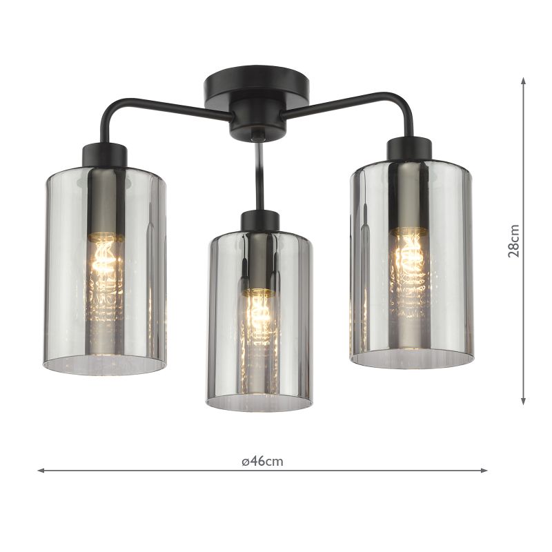 Dar_Vol3-DAY5322 - Daylin - Satin Black 3 Light Semi Flush with Ribbed Smoked Glass