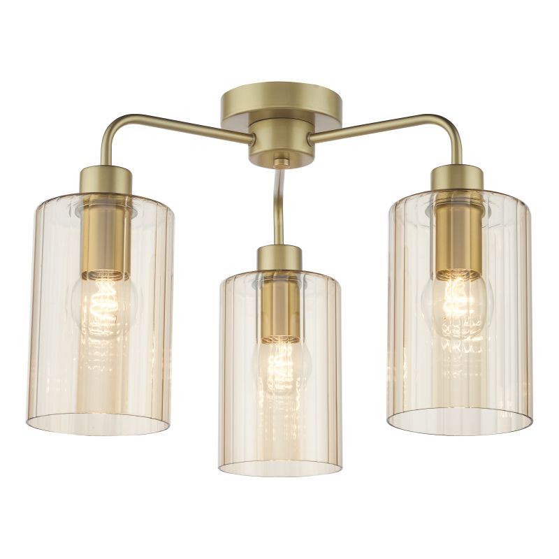 Dar_Vol3-DAY5335 - Daylin - Satin Gold 3 Light Semi Flush with Ribbed Amber Glass