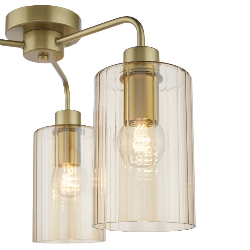 Dar_Vol3-DAY5335 - Daylin - Satin Gold 3 Light Semi Flush with Ribbed Amber Glass
