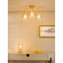Daylin - Satin Gold 3 Light Semi Flush with Ribbed Amber Glass