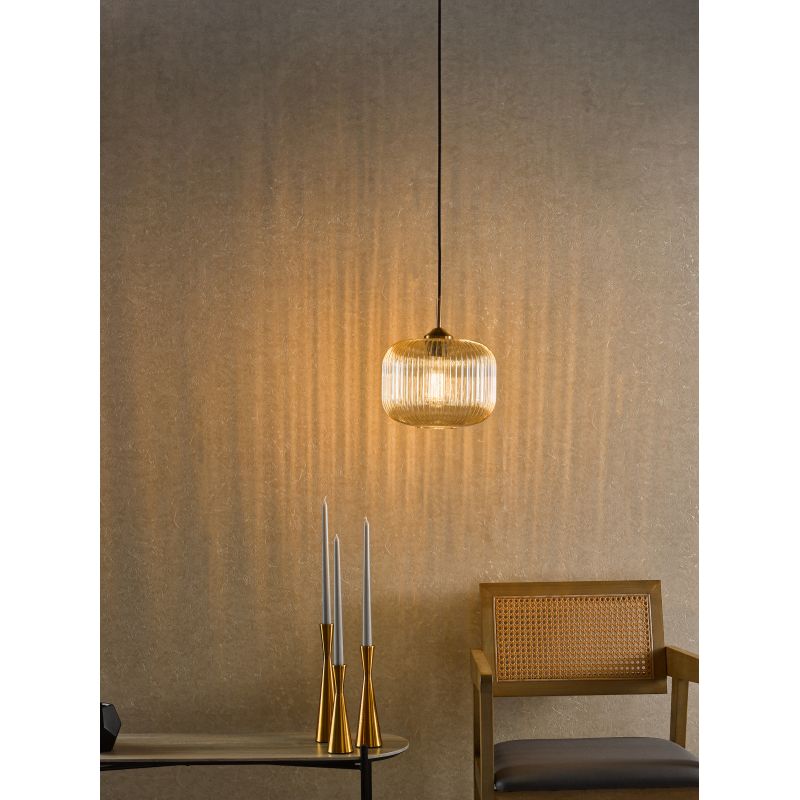 Dar-DEM0106 - Demarius - Natural Brass Pendant with Amber Ribbed Glass