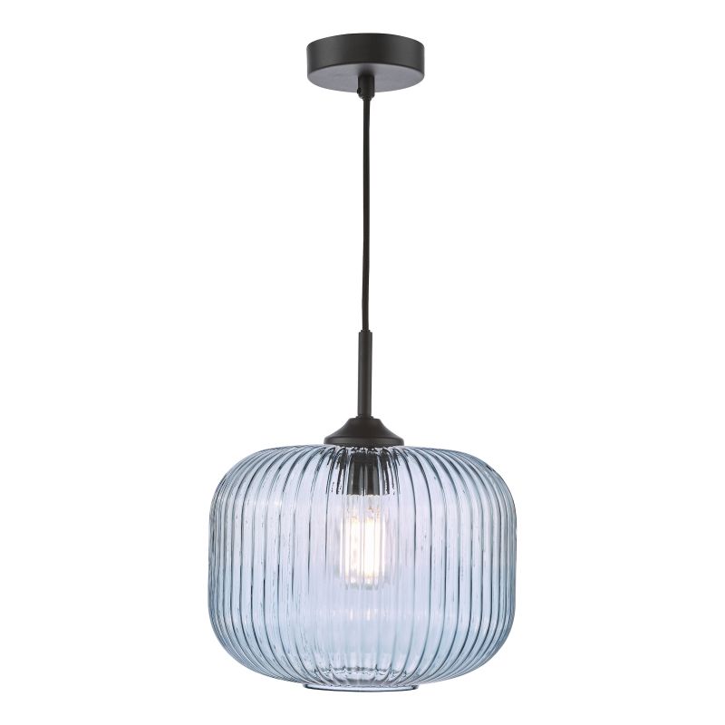 Dar-DEM0123 - Demarius - Matt Black Pendant with Blue Ribbed Glass