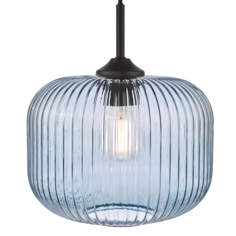 Dar-DEM0123 - Demarius - Matt Black Pendant with Blue Ribbed Glass