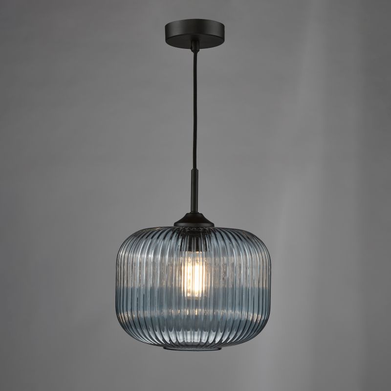 Dar-DEM0123 - Demarius - Matt Black Pendant with Blue Ribbed Glass