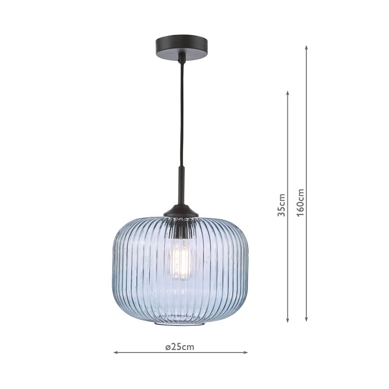 Dar-DEM0123 - Demarius - Matt Black Pendant with Blue Ribbed Glass