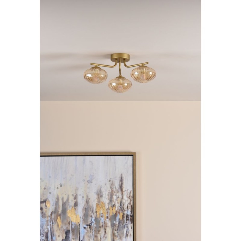 Dar_Vol3-EDE5335 - Ede - Satin Gold 3 Light Semi Flush with Amber Glass