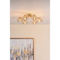 Ede - Satin Gold 6 Light Semi Flush with Amber Glass