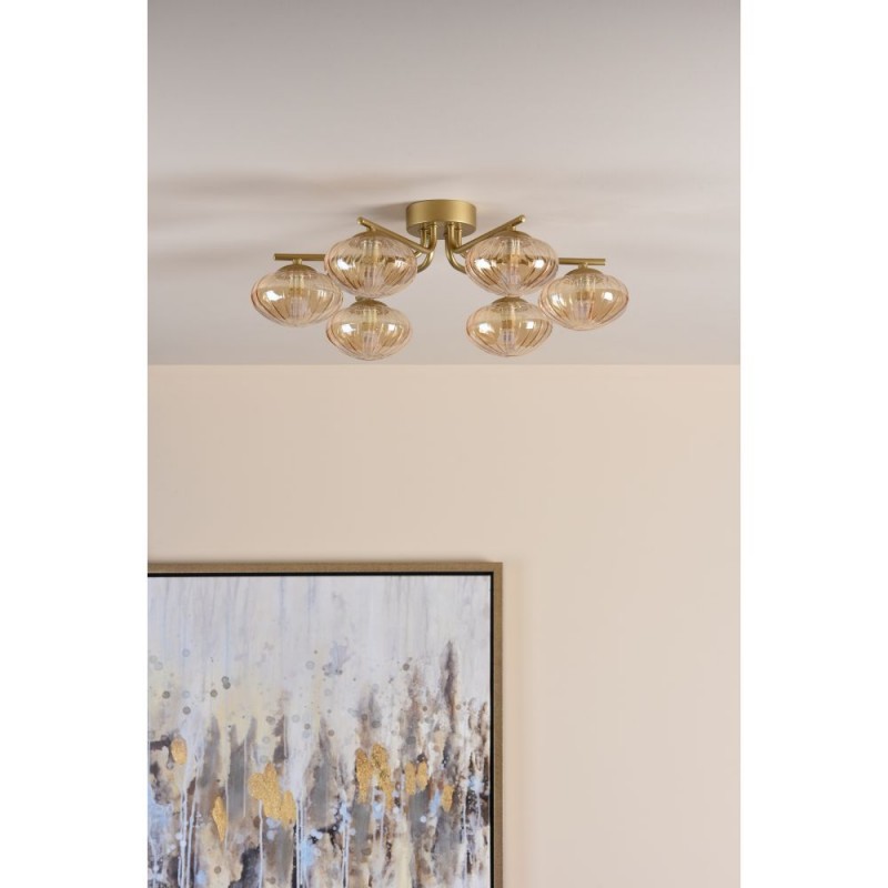 Dar-EDE6435 - Ede - Satin Gold 6 Light Semi Flush with Amber Glass