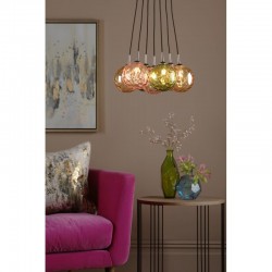 Elpis - Chrome 7 Light Cluster Pendant with Multicoloured Dimple Glass Elpis - Chrome 7 Light Cluster Pendant with Multicoloured Dimple Glass