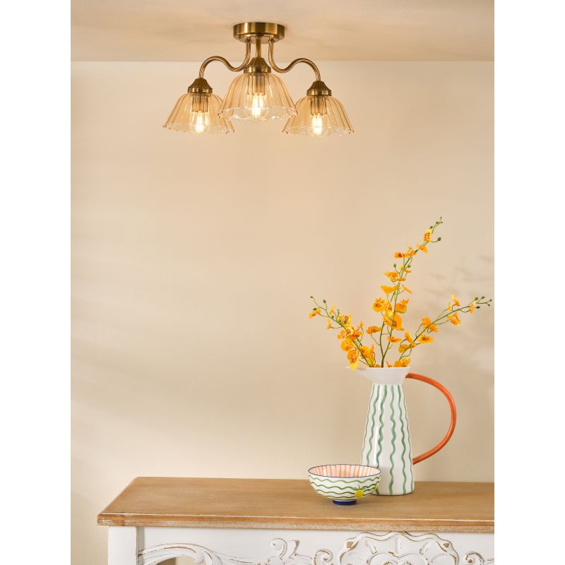 Dar-ERI5363 - Erika - Warm Bronze 3 Light Semi Flush with Amber Glass