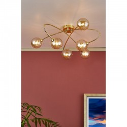 Etta - Gold 6 Light Ceiling Lamp with Amber Ribbed Glass