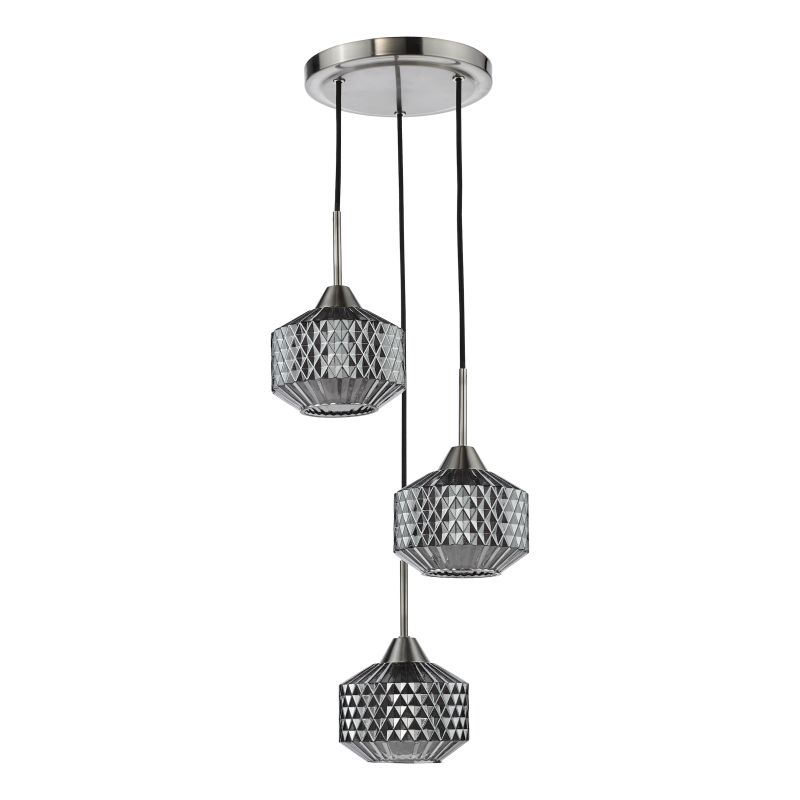 Dar_Vol3-FAB0338 - Fabrienne - Satin Nickel 3 Light Cluster Pendant with Textured Smoked Glass