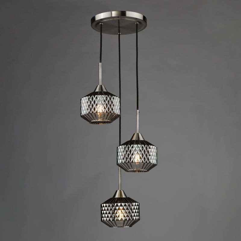 Dar_Vol3-FAB0338 - Fabrienne - Satin Nickel 3 Light Cluster Pendant with Textured Smoked Glass