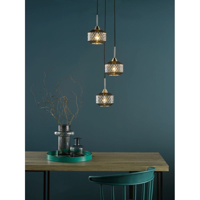 Dar_Vol3-FAB0338 - Fabrienne - Satin Nickel 3 Light Cluster Pendant with Textured Smoked Glass