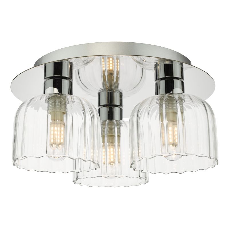 Dar-FOR5350 - Forseti - Chrome 3 Light Semi Flush with Ribbed Glass & Crystal IP44