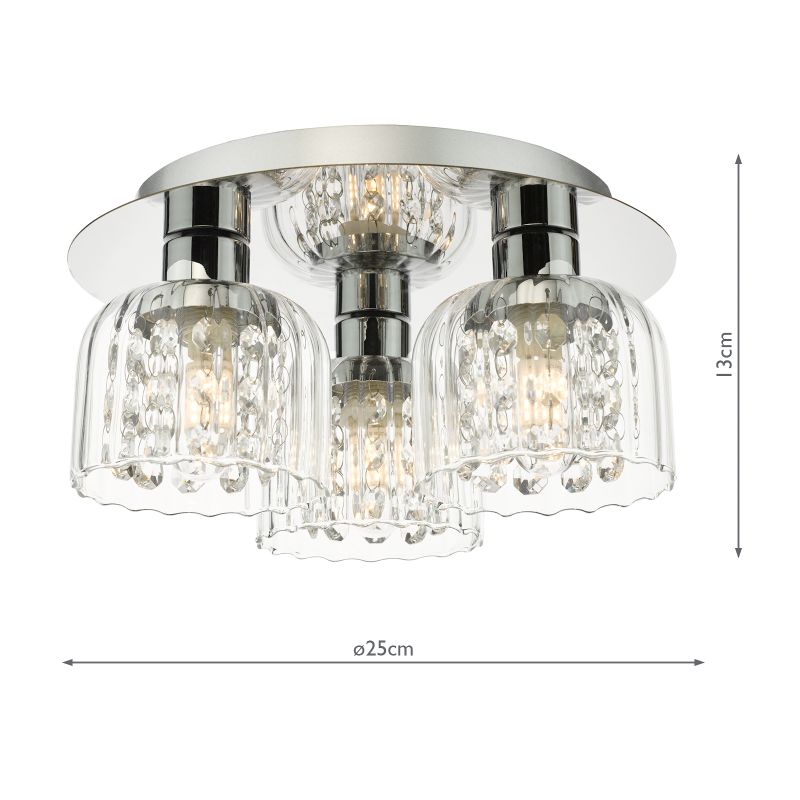 Dar-FOR5350 - Forseti - Chrome 3 Light Semi Flush with Ribbed Glass & Crystal IP44
