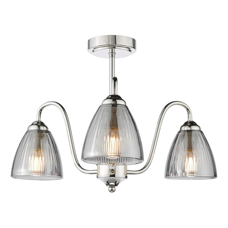 Dar-GLY5338 - Glynis - Nickel 3 Light Semi Flush with Smoked Ribbed Glass