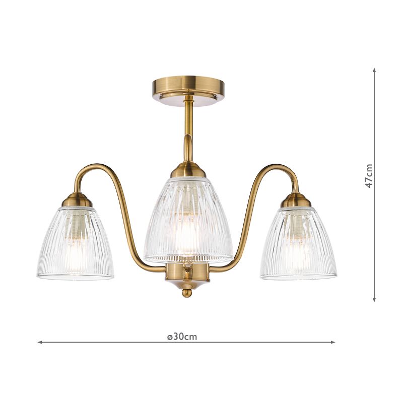 Dar-GLY5363 - Glynis - Antique Bronze 3 Light Semi Flush with Ribbed Glass