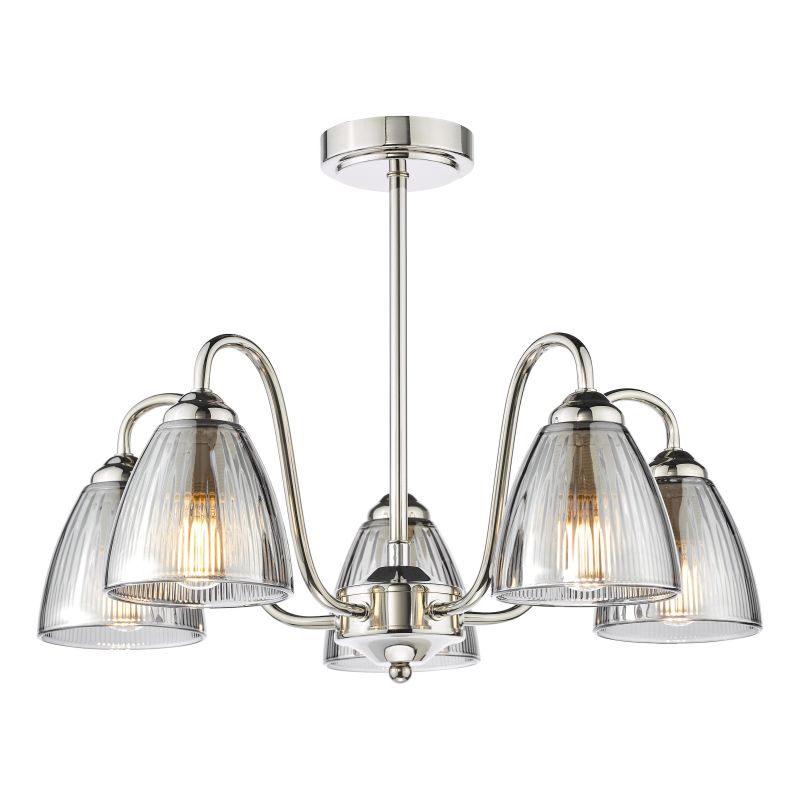 Dar-GLY5438 - Glynis - Nickel 5 Light Semi Flush with Smoked Ribbed Glass