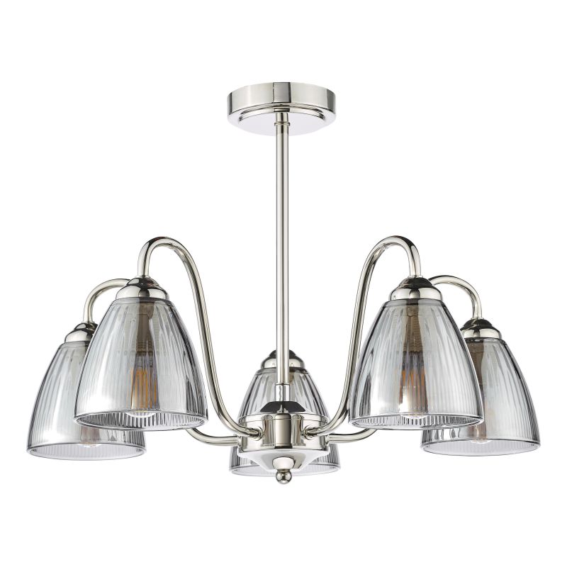 Dar-GLY5438 - Glynis - Nickel 5 Light Semi Flush with Smoked Ribbed Glass