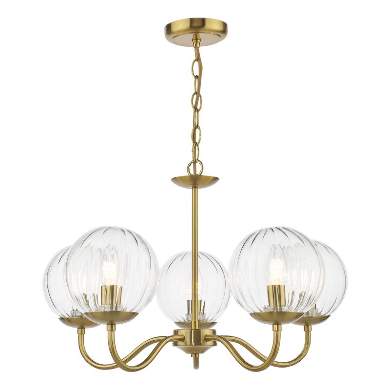 Dar-JOC0542 - Jocelyn - Natural Brass 5 Light Centre Fitting with Clear Ribbed Glass
